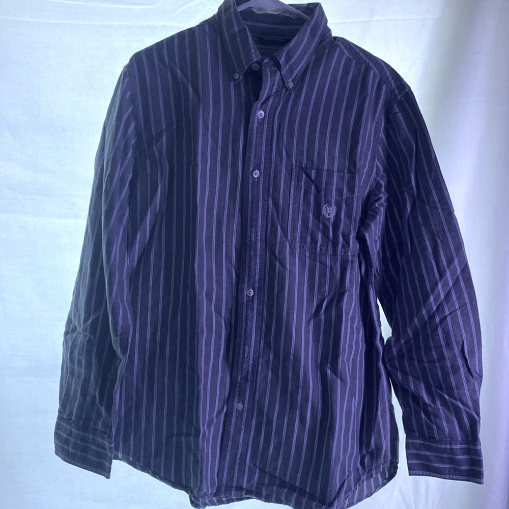 Chaps | Long Sleeve | Grey with Blue and White bordered stripes
